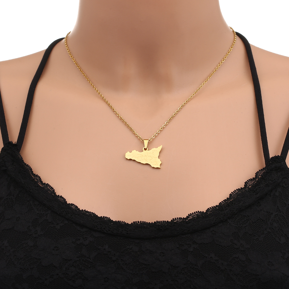 Collar con colgante de mapa y ciudades de Italia, acero inoxidable para mujeres y hombres, Color dorado y plateado, joyería italiana de Sicilia
