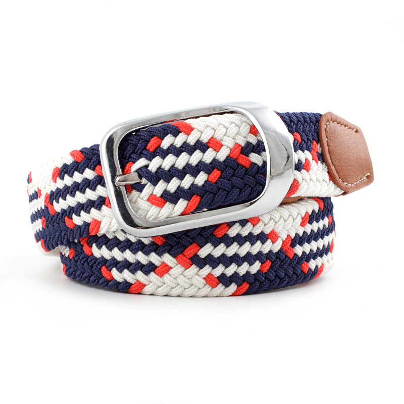 Menn kvinner elastisk belte lerret nylon tøyelig flettet belter til jeans nålspenne fargerik strikket webbing stropp rem: Blå-hvit-rød