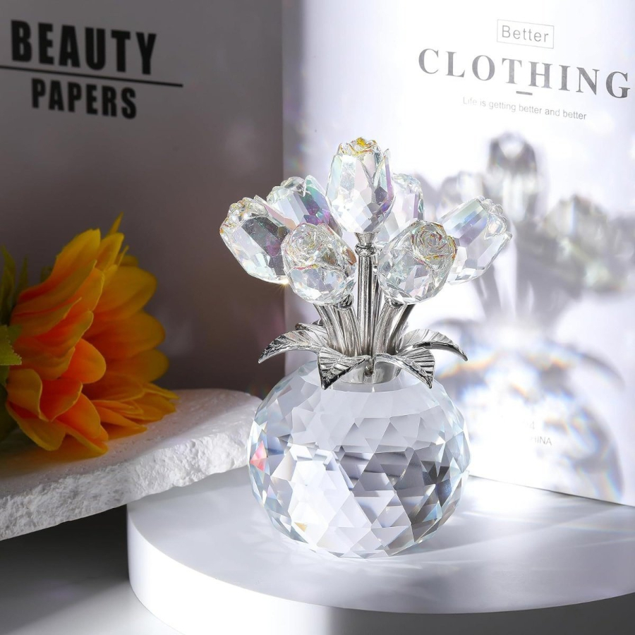 Crystal Red Rose Bouquet with Round Vase Figurines for Women Glass Bouquet Ornament Romantic Table Centerpiece: Orange