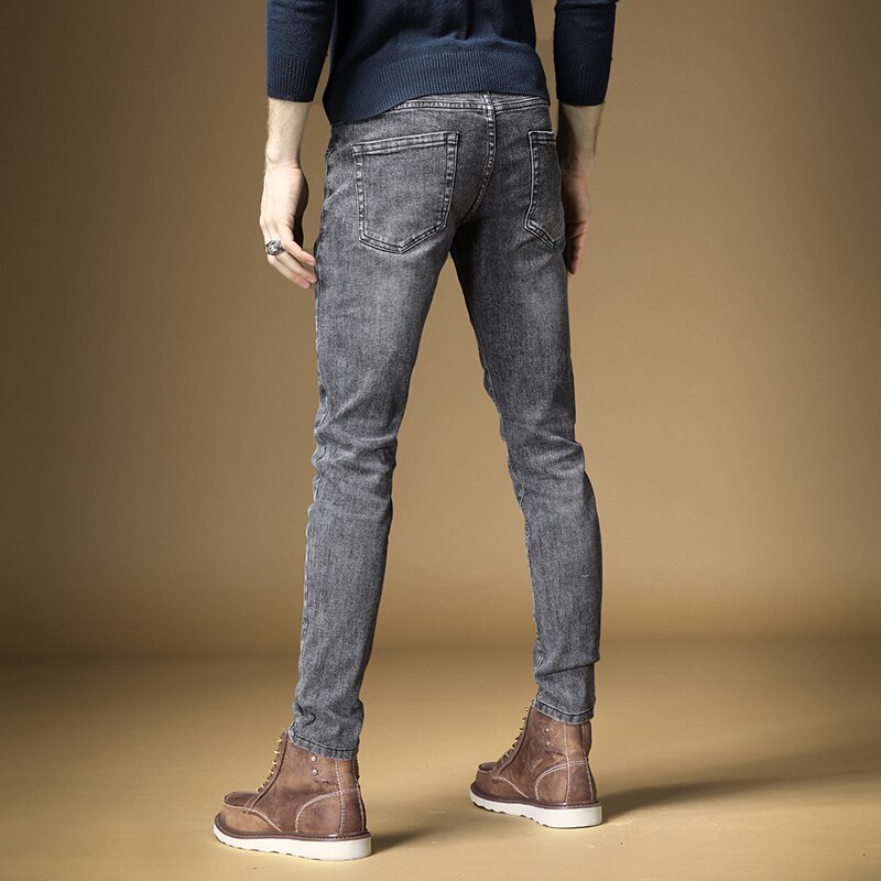 Pantalones vaqueros elásticos para hombre, ropa de calle con ajuste, para otoño e invierno, color gris oscuro