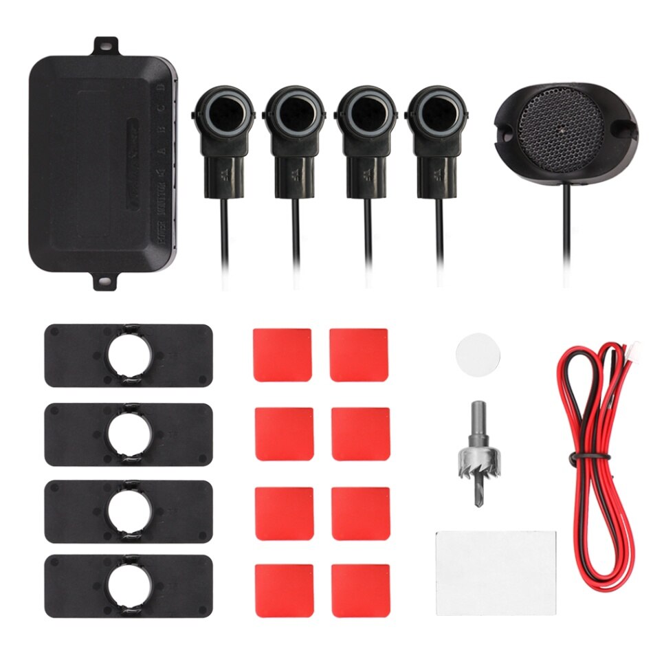 Car Parking Sensors System Parktronics 4pcs Flat Sensors Reverse Backup Radars Sound Buzzer Alarm Adjustable Sound: Black