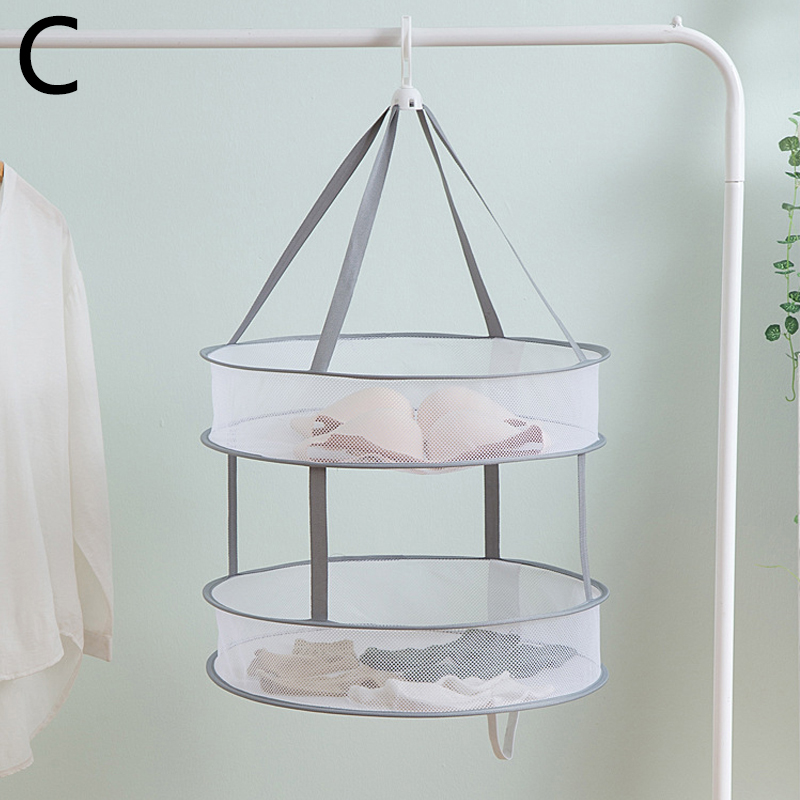 Diameter 48cm Laundry Basket Mesh Folding Nets Double Layer Windproof Clothes Dryer Drying Rack For Sweaters Hanging: 48cm / C