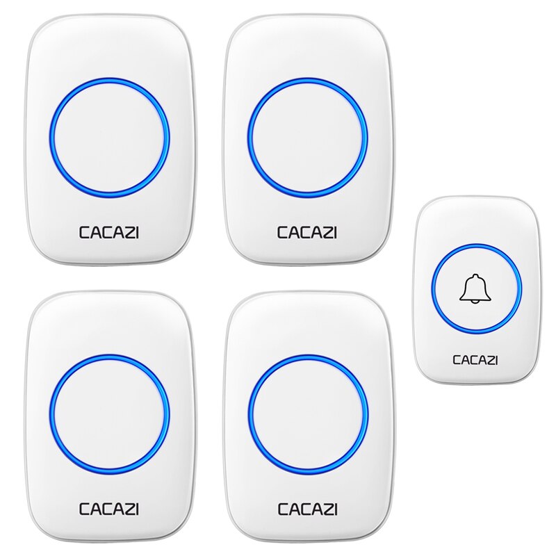 CACAZI 5 levels 36 Chimes 110DB 300M Remote Wireless Doorbell Waterproof LED Light Door Bell Battery powered Smart Door Bell: white 1TR x 4RE