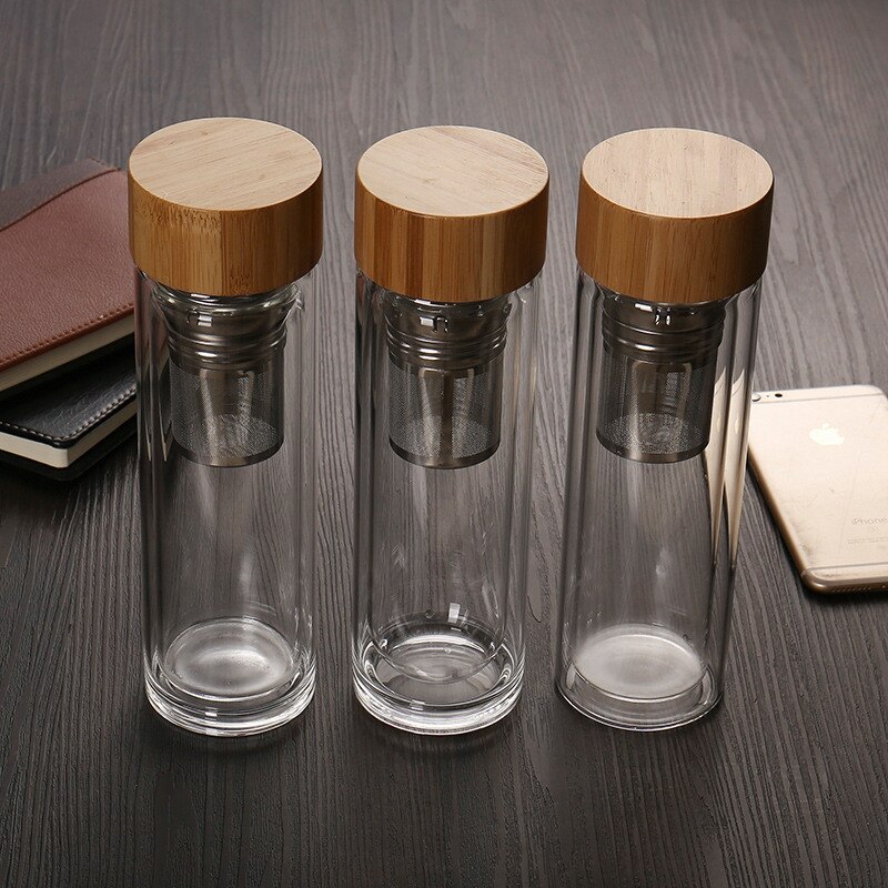 Rejsedrikke bærbar dobbeltvægs glas teflaske te infusionsglas tumbler rustfrit stål filtrerer tefilteret