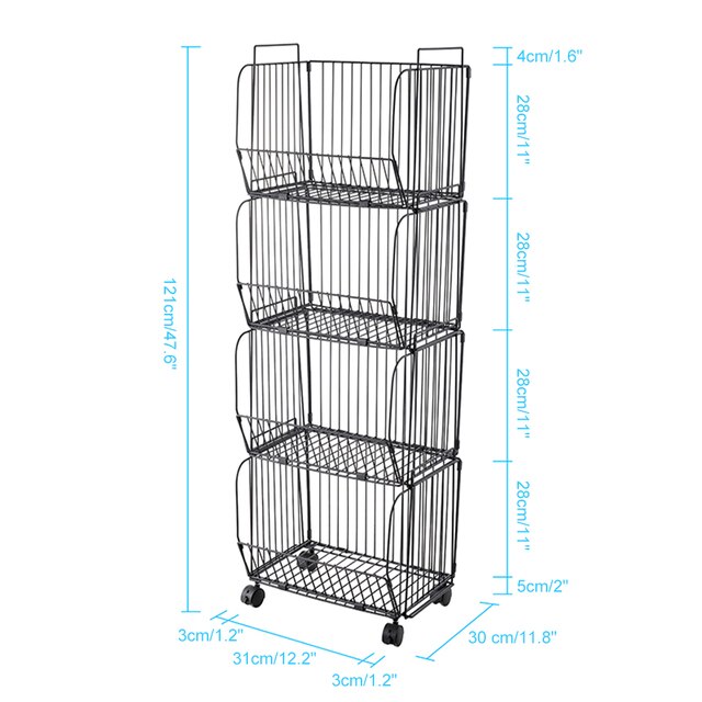 4 Tier Stackable Collapsible Kitchen Storage Baskets with Casters TrolleyRack Shelf Rolling Storage Bins for Kitchen Bathroom: Default Title