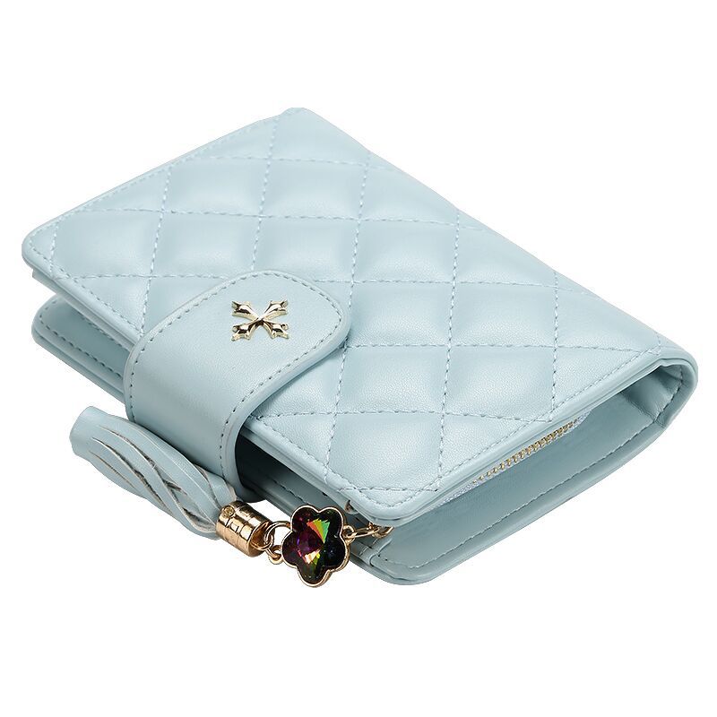 Grid Women Mini Purse Gold Leather Women Wallets Zipper Clutch Red Coin Bag Card Holder Ladies Girls Casual Short Wallet: Light Blue