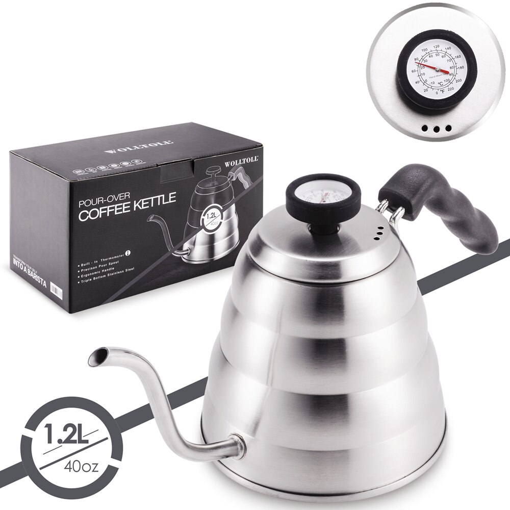 Kaffekanna i rostfritt stål med termometer, tunn svanhals för häll över kaffekanna, fungerar på spishäll , 40oz/1.25l