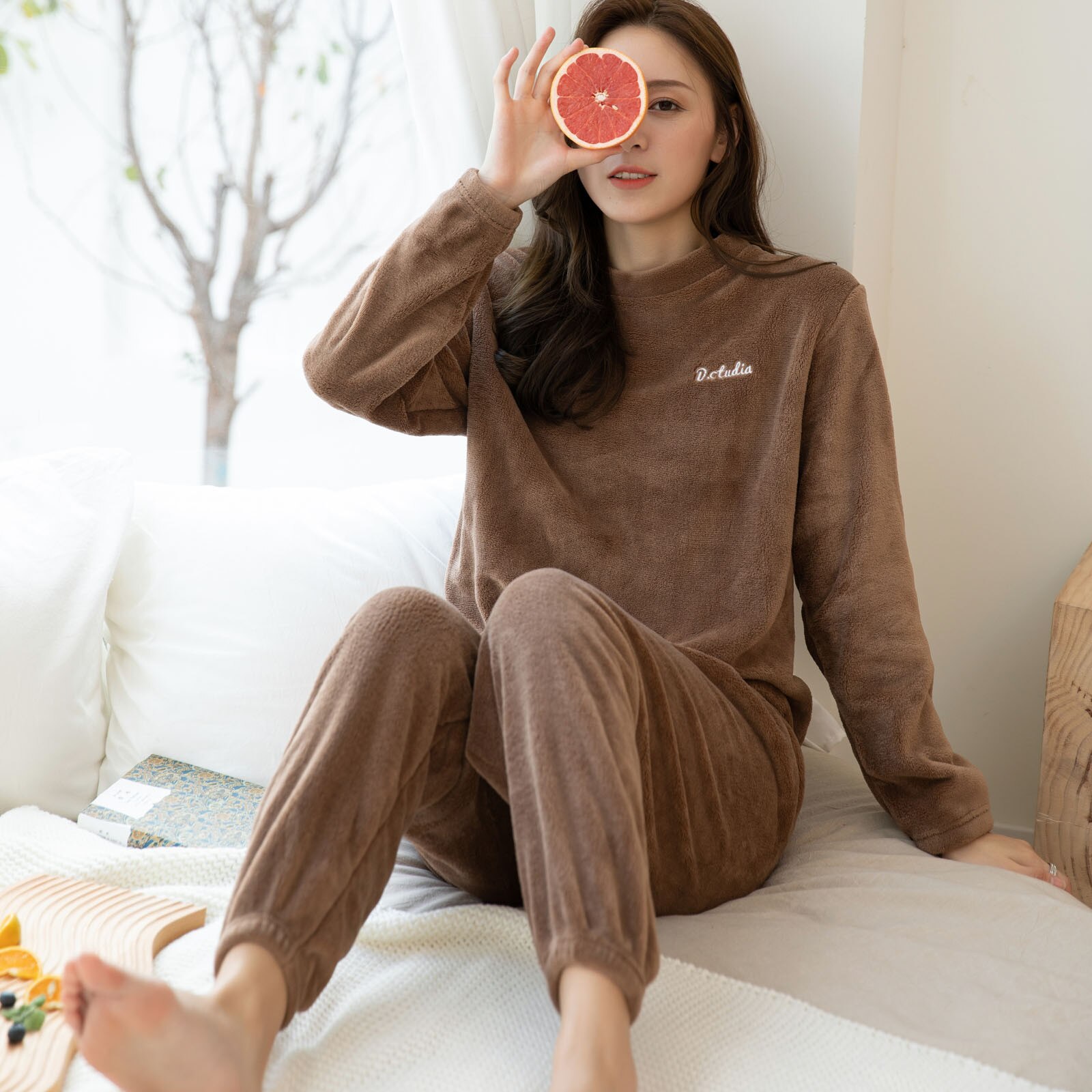 Winter Thick Warm Female Elastic Waist Thick Warm Sleepwear Homewear Autumn Women Sleepwear Autumn Winter Flannel Pajama Set: Mint