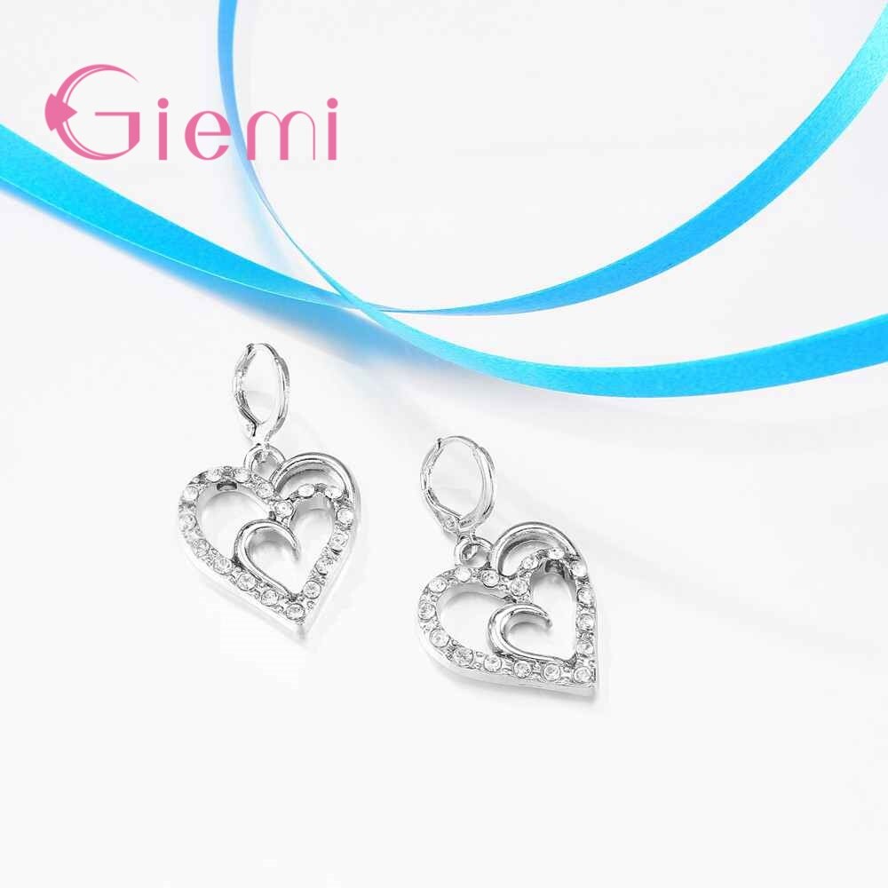 Zoete Hart Vrouwen Sieraden Sets Voor Wedding Party Shiny Zirkoon Echt Zilveren Ketting Hanger Oorbellen Set