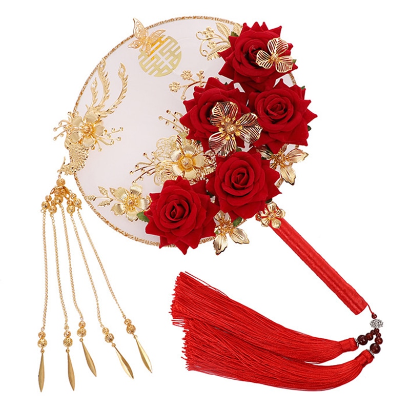 32x22cm Handheld Round Fan Materials Kit Handmade Ancient Chinese Wedding Bride Photography Ornaments Flowers