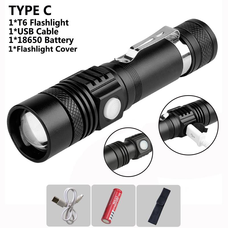 Powerful 6000ml T6 Flashlight Aluminum Waterproof Zoomable Mini Flashlight 18650 Rechargeable For Camping charging lamp: TYPE C