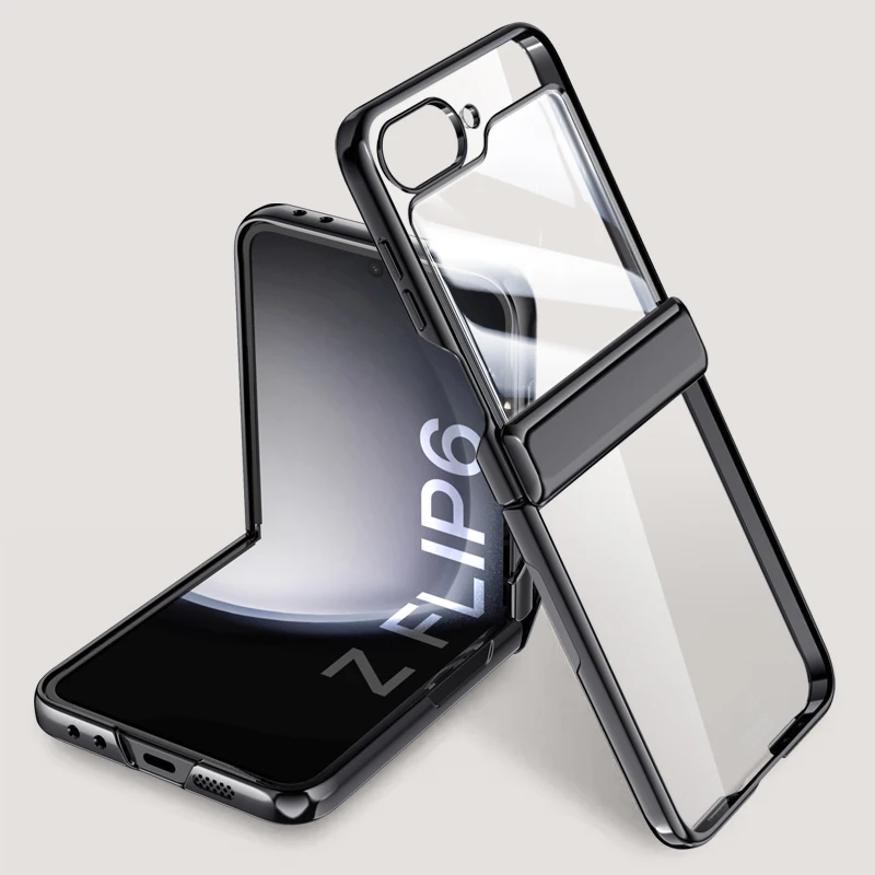 Bisagra plegable transparente galvanizada para Samsung Galaxy Z Flip 6, funda con película de espejo, cubierta dura todo incluido a prueba de golpes: Beige