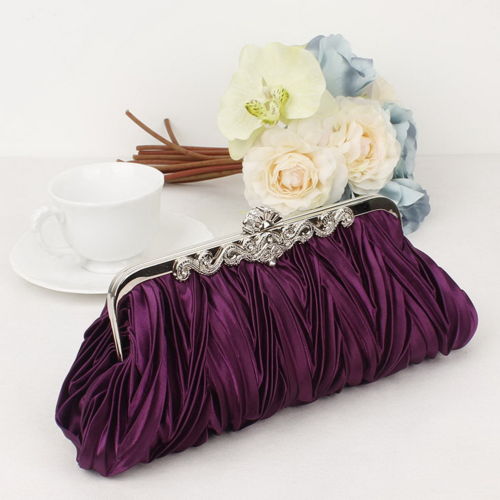 Women Pleated Satin Clutch Wedding Evening Bag Party Bridal Handbag Purse Bags: Purple