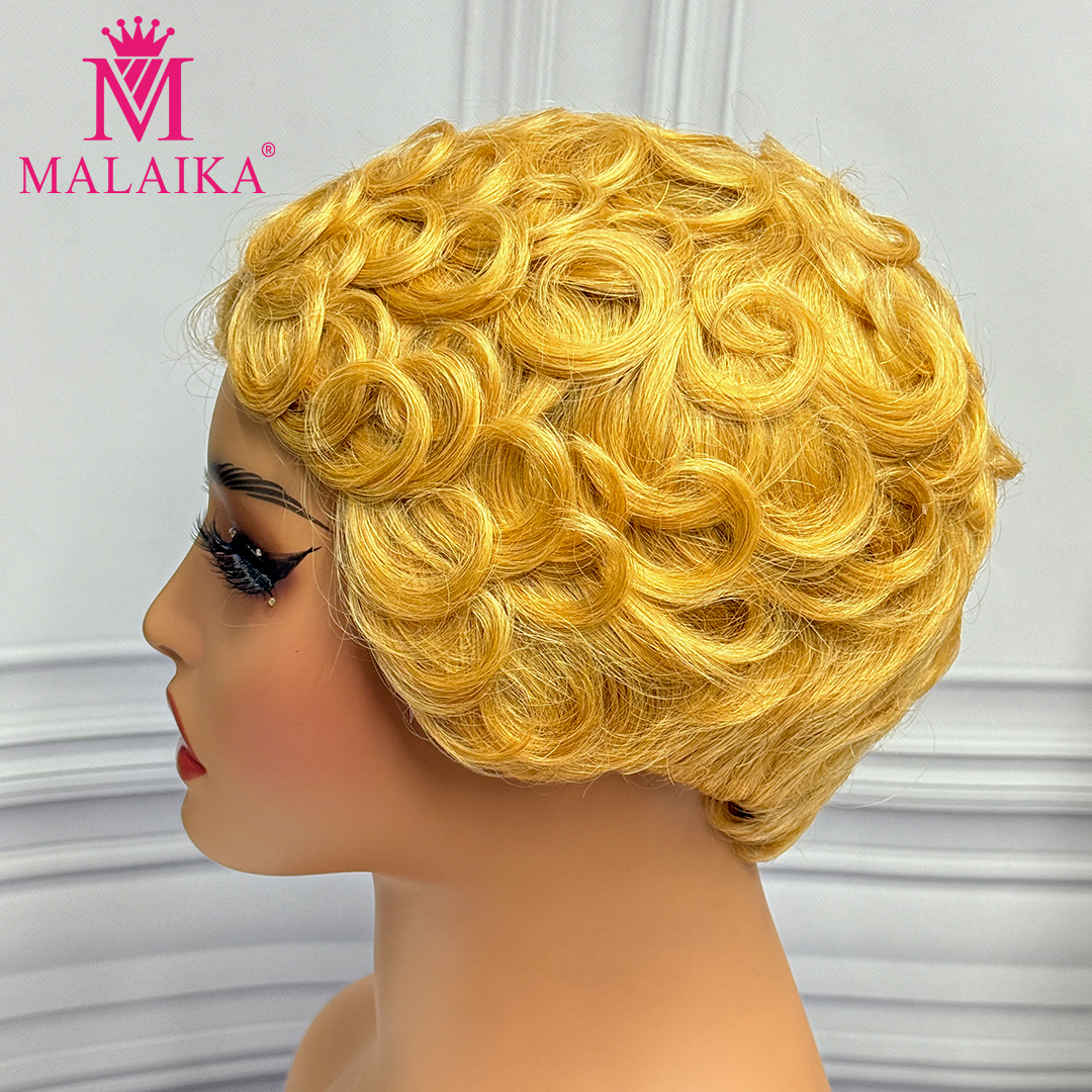 Malaika 4 # 27 # Pixie Cut Bob corto onda suelta cabello humano Chioma pelucas hechas a máquina pelucas rizadas onduladas Bob cabello Remy para mujeres: # 27R