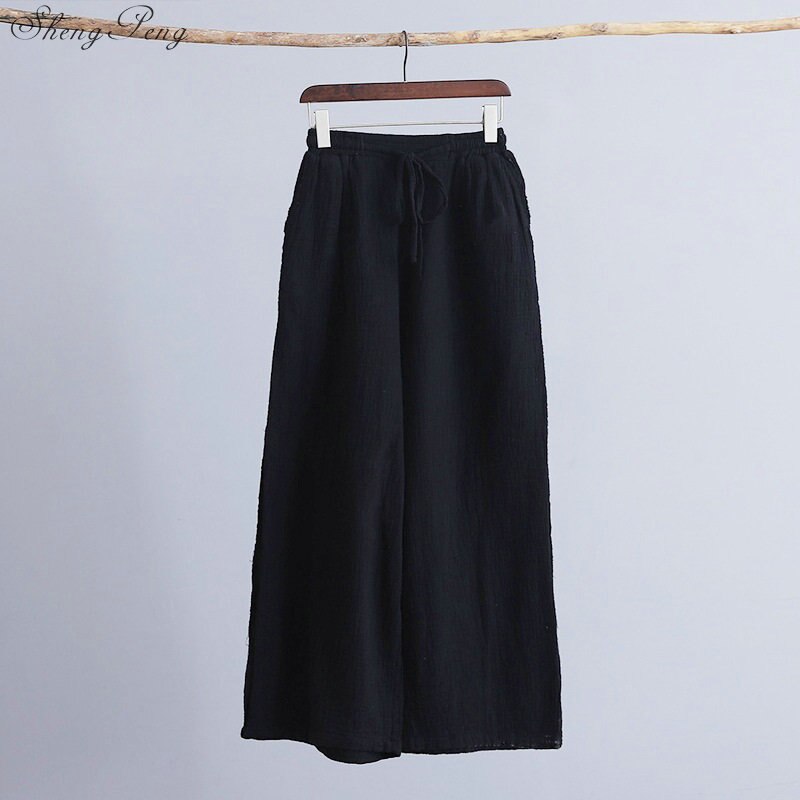Pantalones de pierna ancha de mujer cintura elástica otoño pantalón de lino Mujer Pantalones sueltos Casual Vintage V1569: 1