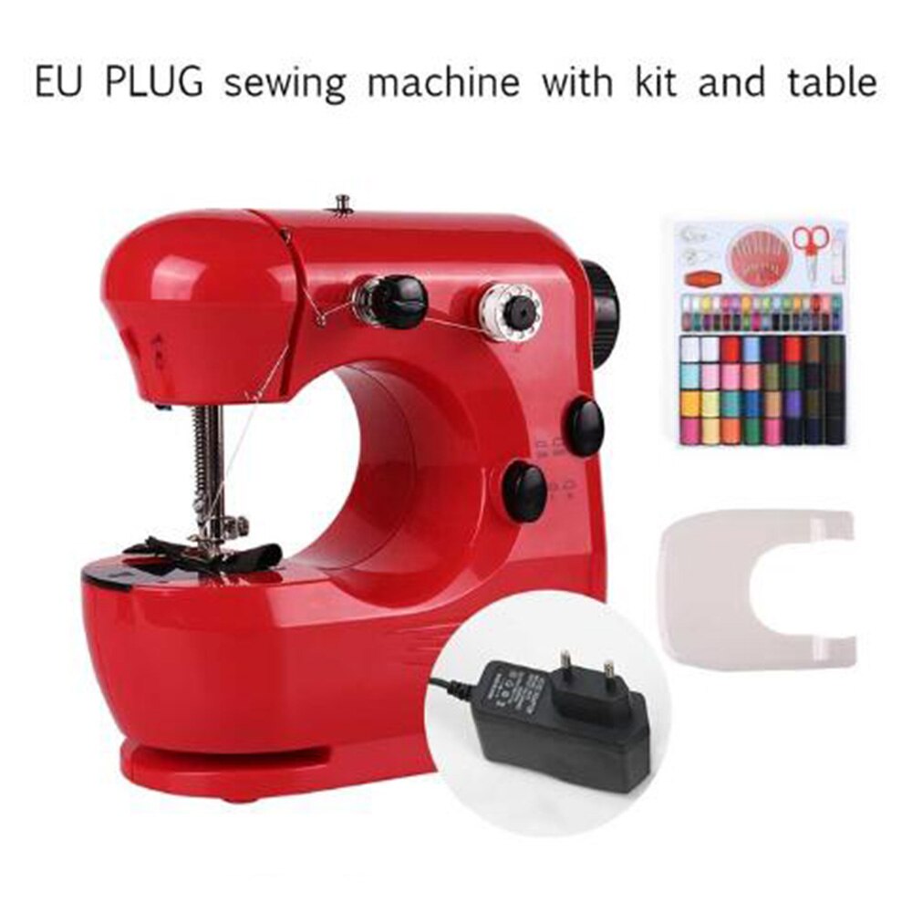 INNE Mini Red Sewing Machine Dual Speed Portable Household Foot Pedal Multilingual manual Adaptor Automatic winding Machines: EU TABLE THREAD
