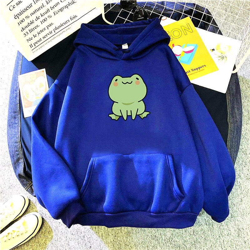 Sweat-shirt grenouille, vêtements de dessin animé, Harajuku, manches longues, capuche Kawaii pour filles, sweat à capuche polaire d'hiver avec poche, hauts verts: L / Bleu