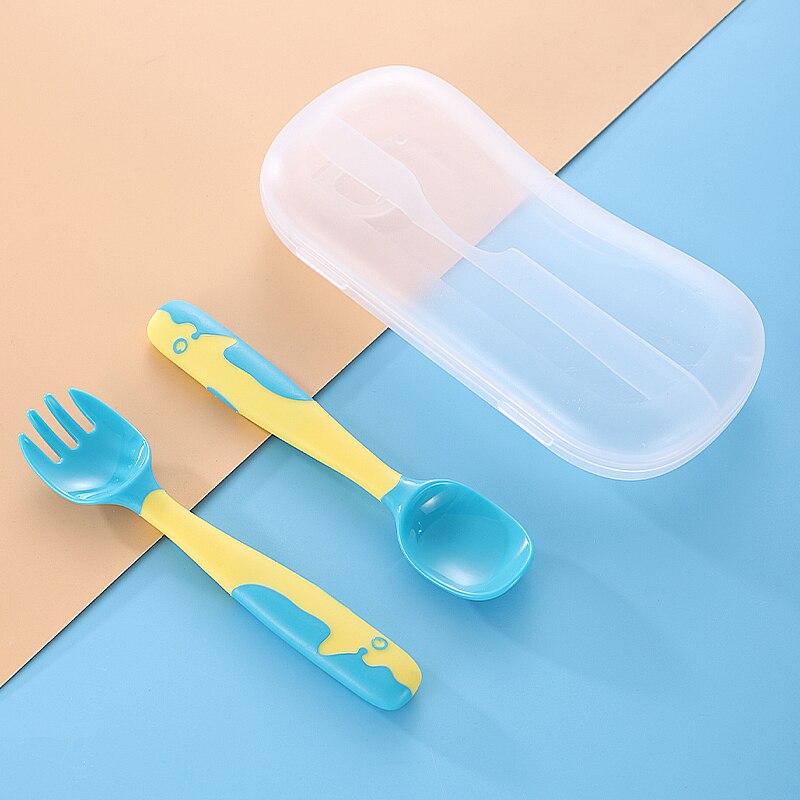 Baby Gadgets Tableware Set Children Utensil With Storage Box Toddler Dinnerware Cutlery Cartoon Infant Food Feeding Spoon Fork: Blue With Box