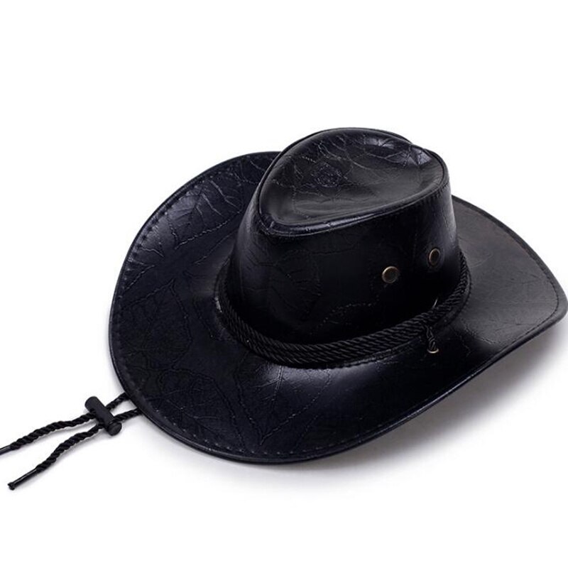Classical Western Cowboy Hat For Men Women PU Leather Wide Brim Outdoor Jazz Sunhat Adjustable: black