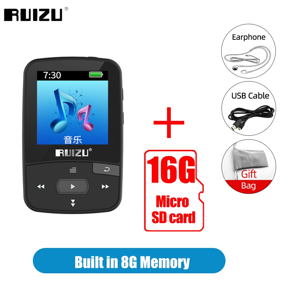 RUIZU X50 Sport lettore MP3 con Bluetooth 8GB Mini Clip Music lettore Audio supporto Radio FM registratore EBook orologio pedometro Video: 8G Bl Add 16G Card