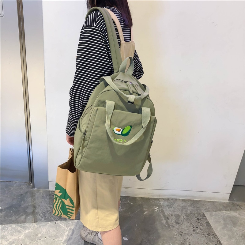 Menghuo Fruit embroidery Women Backpack Little Fresh Waterproof Nylon Solid Color Shoulder Bag Girls Schoolbag for Teenagers