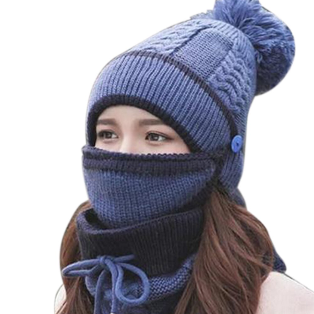 3 pièces femmes hiver écharpe ensemble épais tricoté chapeau écharpe couverture de visage en plein air WHShopping: Blue