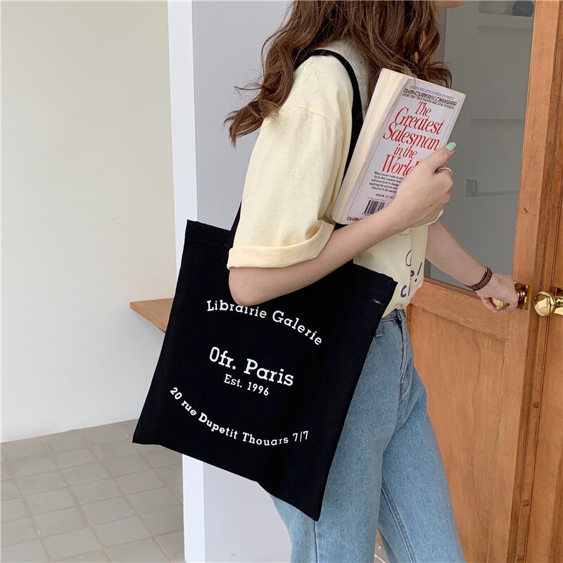 Women Canvas Shopping Bag Paris Letters Print Shoulder Bag Eco Cotton Linen Shopper Bags Cloth Fabric Handbag Tote For Girls