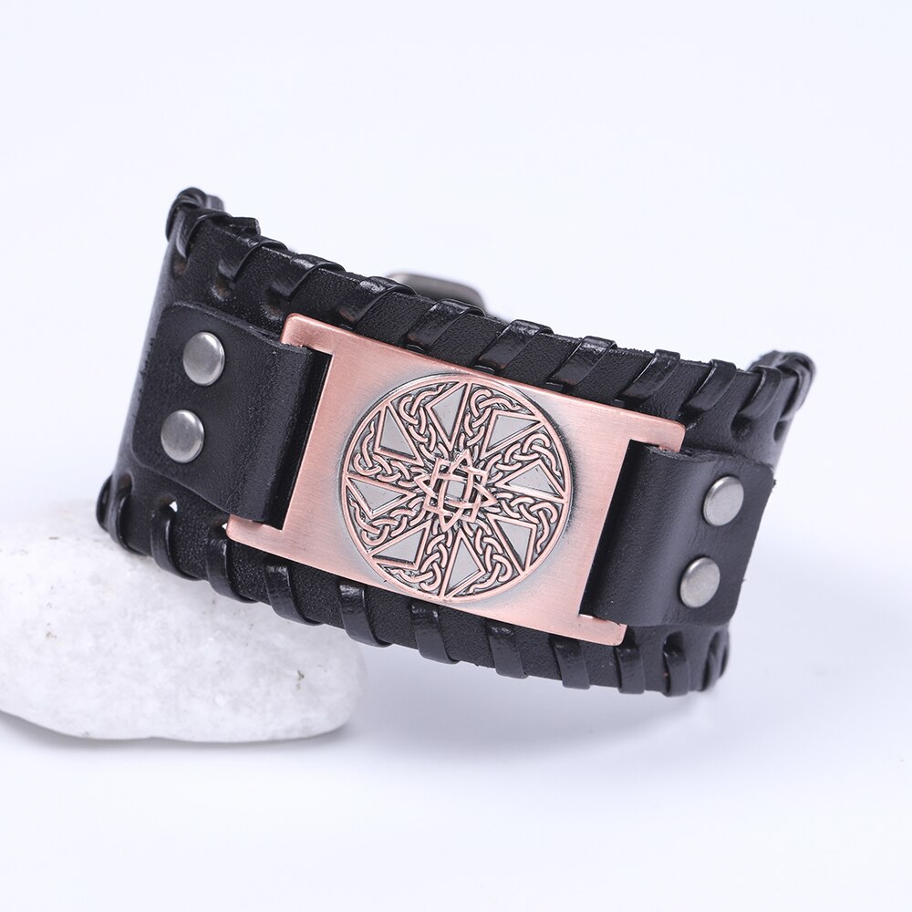 LIKGREAT Slavic Kolovrat Wicca Amulet Cuff Wristband Jewelry Sun Wheel Celtics Knot Pagan Talisman Adjustable Leather Bracelet: 8