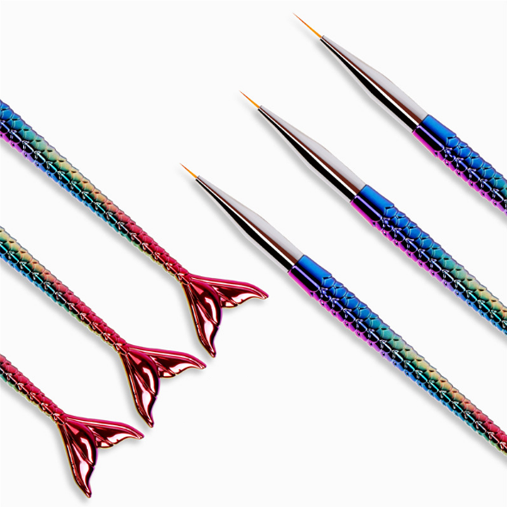 3pcs Mermaid Rainbow Fish Tail Brush Sculpture Dotting Tool DIY Nail Art Line Painting Liner Stripe Shape Drawing Manicure Pen