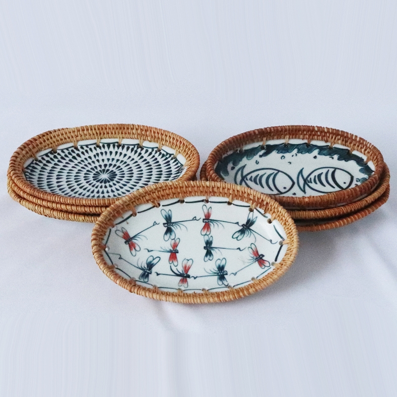 Hand Woven Rattan Blue &amp; White Porcelain Stitching Snack Plates and Sushi Plates