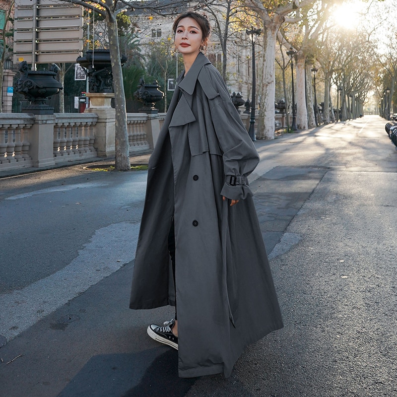 Overdimensioneret x-lang kvinders løs trenchcoat koreansk stil dobbeltbæltet bælte dame kappe vindjakke efterår vinter overtøj