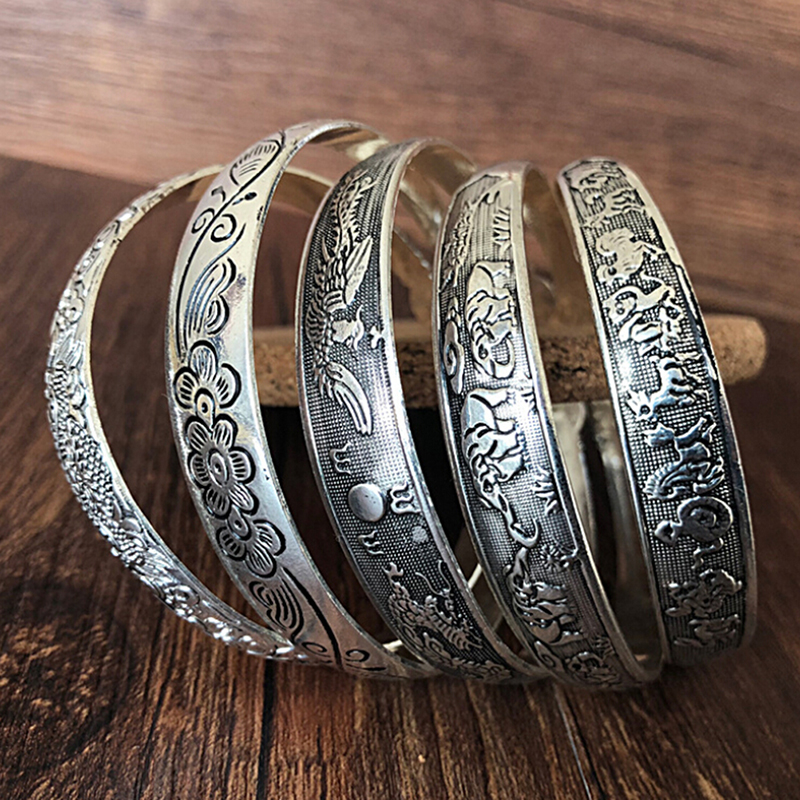 Pulseras de plata tibetanas clásicas para mujer, joyería de plata tibetana, 9 estilos