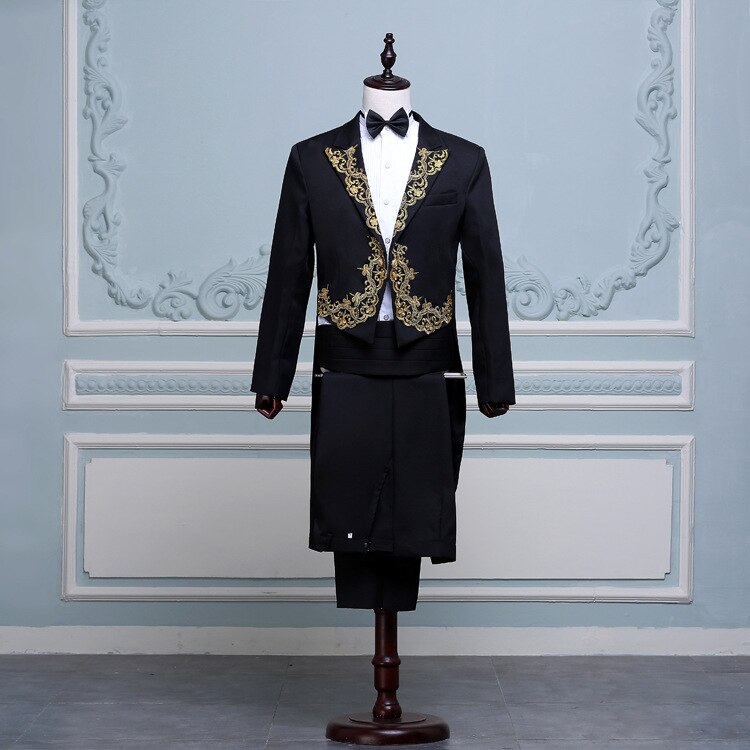 Sort broderi blomstret frakke jakkesæt sæt mænd slim fit club party scene smoking dragt sanger danser bal luksus terno masculino