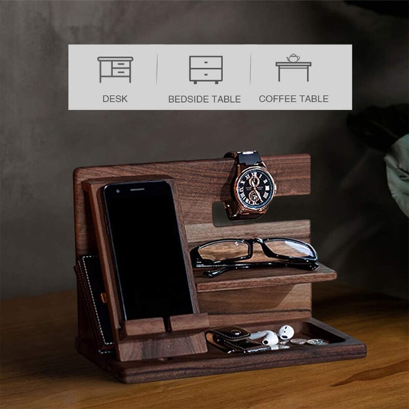 Wooden Phone Holder Docking Station Wallet Stand Watches Purse Glasses Key Desk Display Organizer Bedside Nightstand