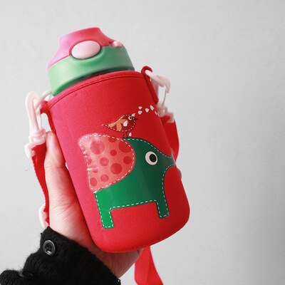 Bouteille d'eau en verre avec animaux pour enfants, avec sangle de sac en paille, couvercle supérieur verrouillable, anti-fuite, sans BPA, pour garçons, voyage randonnée, 500ml: Elephant with bag