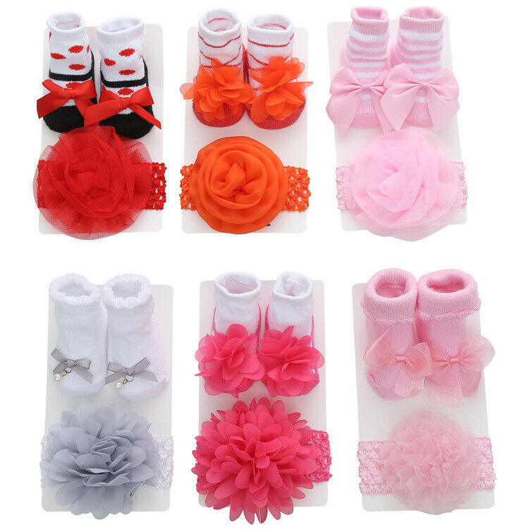 Newborn Solid Color Lace Baby Socks Bow Princess Cute Baby Socks+ Hair Band set
