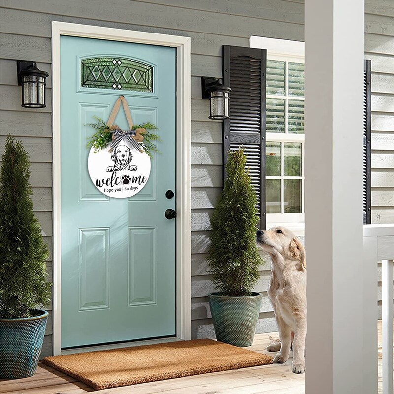 Interchangeable Seasonal Welcome Sign Wood Door Wreath with Bow Pet Wall Hanging Porch Christmas Decoration