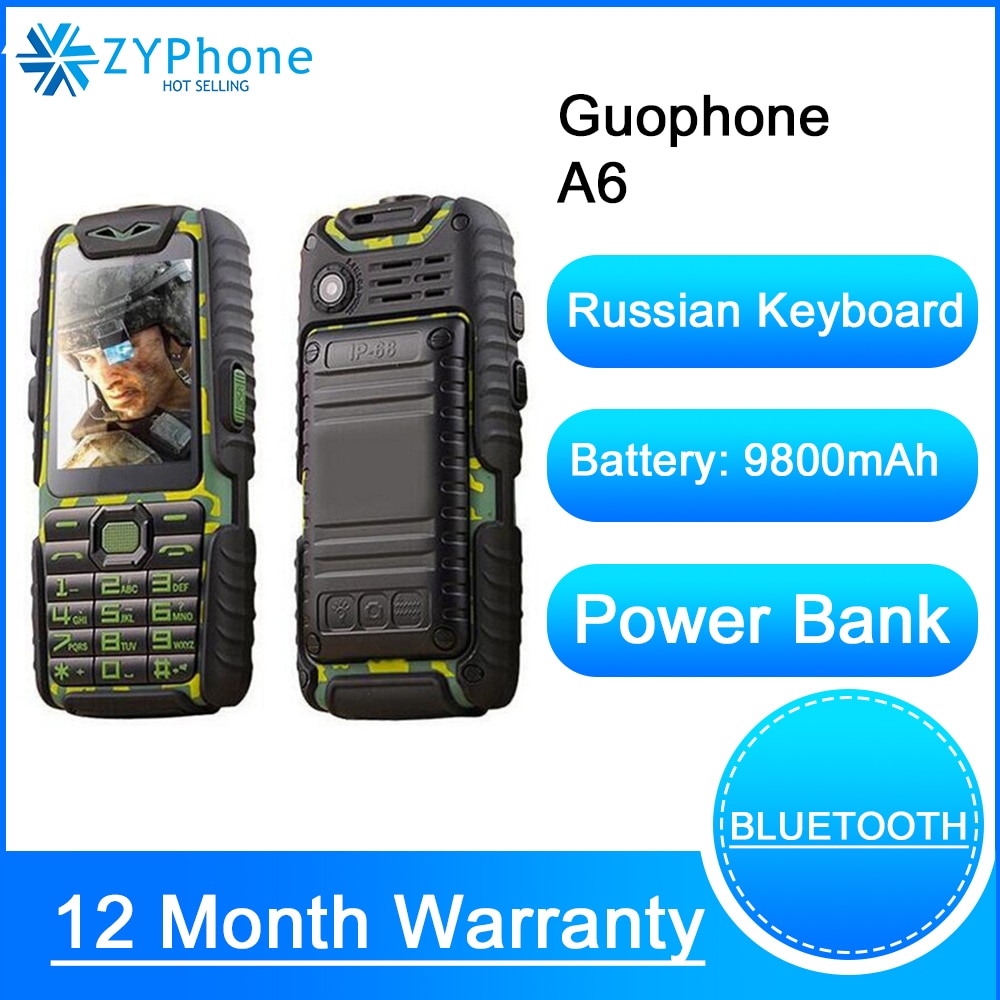 Guophone A6 9800mAH Power Bank Mobile Phones 2.4" Loud Speaker Strong Flashlight With Russian Keyboard Elderly Cellphone