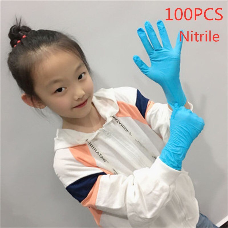 Lateefah 100PCS Kinder Einweg Nitril Handschuhe Gesundheit Schutz Gummi PVC Kinder Handschuhe Kind Haushalts: Blue Nitrile