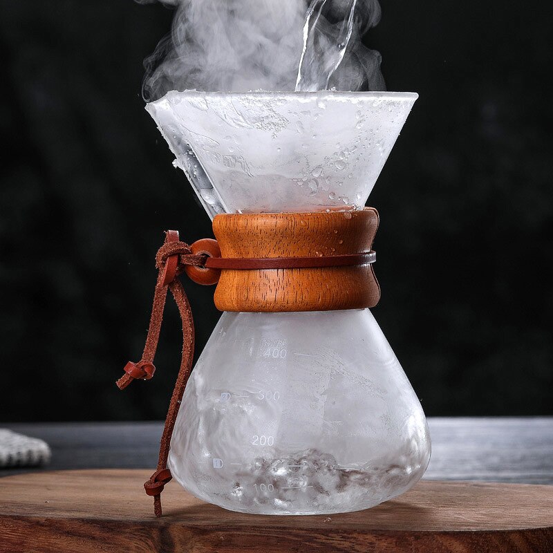 Olla de vidrio para café hecha a mano resistente al calor, juego de filtros para compartir mango de madera, adecuado para el hogar y la Oficina, 400/600/800ML