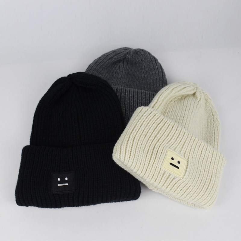 Vinter kvinner strikke lue lue uformell tykk ensfarget varm lue smilende ansiktsmønster strikket hiphop lue mann kvinne