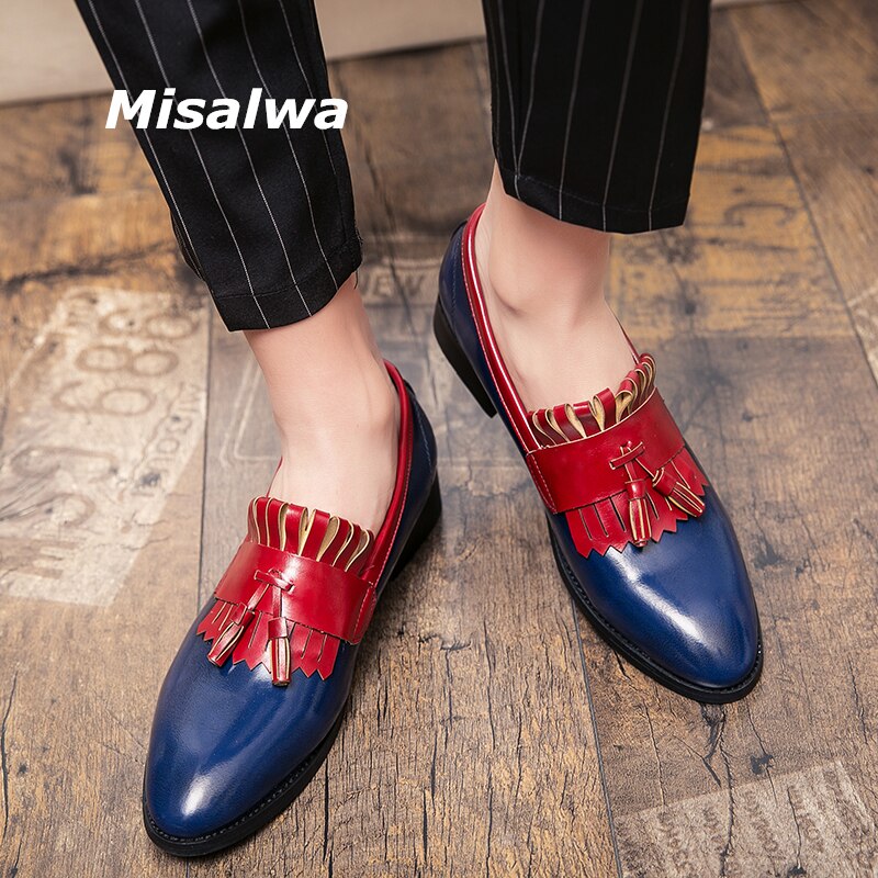 Misalwa oxford män fritidsklänning skor blå röd patchwork tofs pu läder festskor brudgummen bröllopsoutfit gentleman brittisk