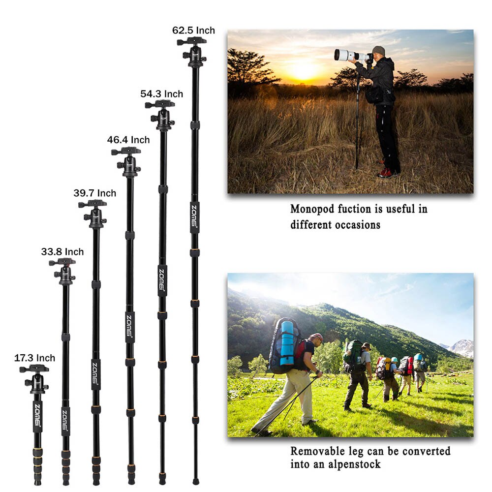 ZOMEI lightweight Portable Q666 Travel Camera Tripod Monopod aluminum Ball Head compact for digital SLR DSLR camera
