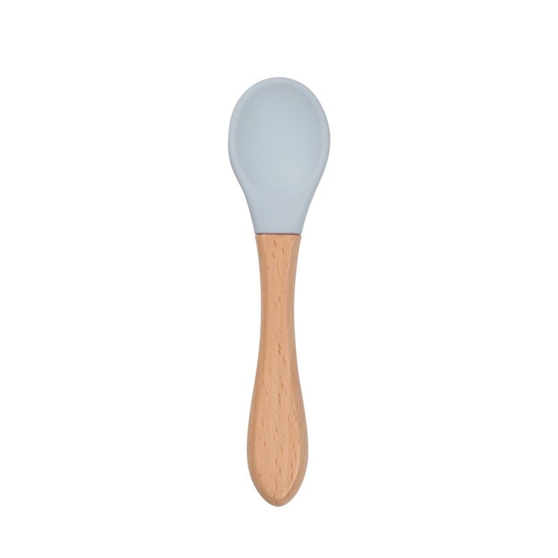 2PCS Baby Bamboo Training Spoons Organic Soft Baby Feeding Silicone Tip Spoon Scoop Easy Grip Handle Toddlers Infant: gray