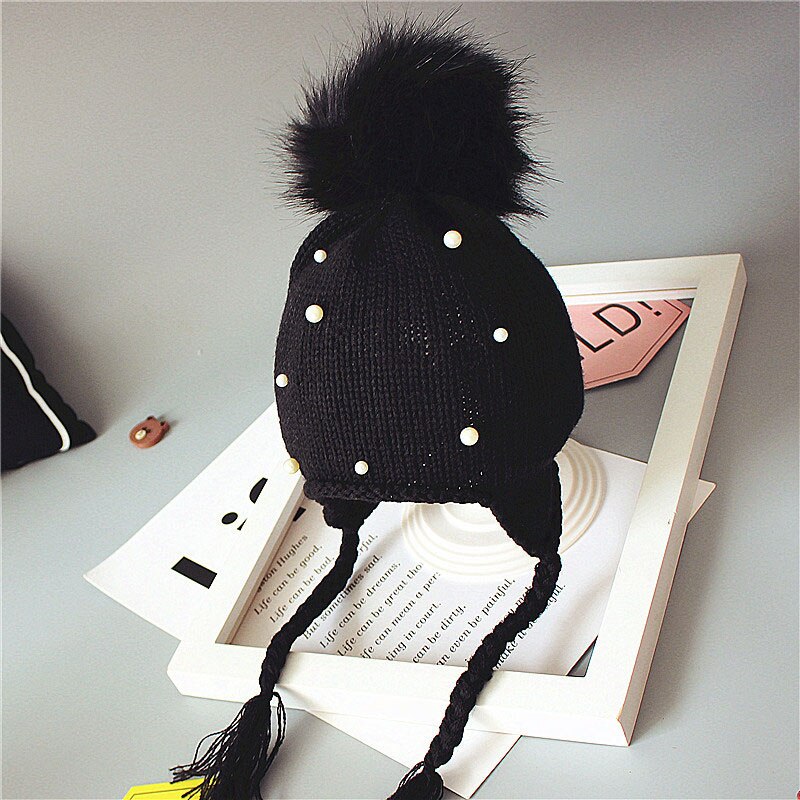 Baby vinterhue til børn pompon strikket baby dreng pige hue motorhjelm enfant børn småbørn vinterhue øre varm baby hue: Perle balck