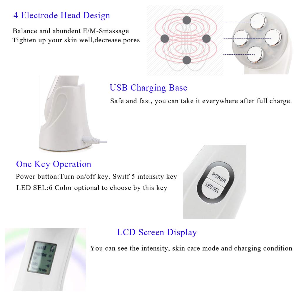 6 Color 5 in 1 LED Skin Tightening Device Facial Machine Multifunctional Facial Massager High Frequency Colorful Light Therapy