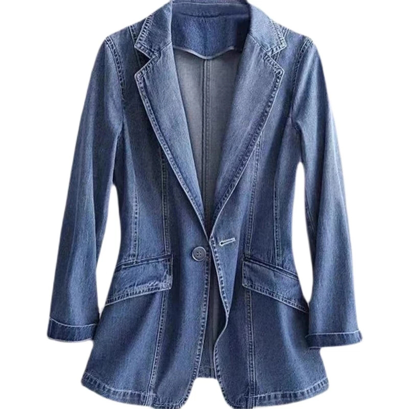Dames Denim Blazer - Casual Jasje - Effen Patroon - Slim Fit - Polyester Katoen Mix