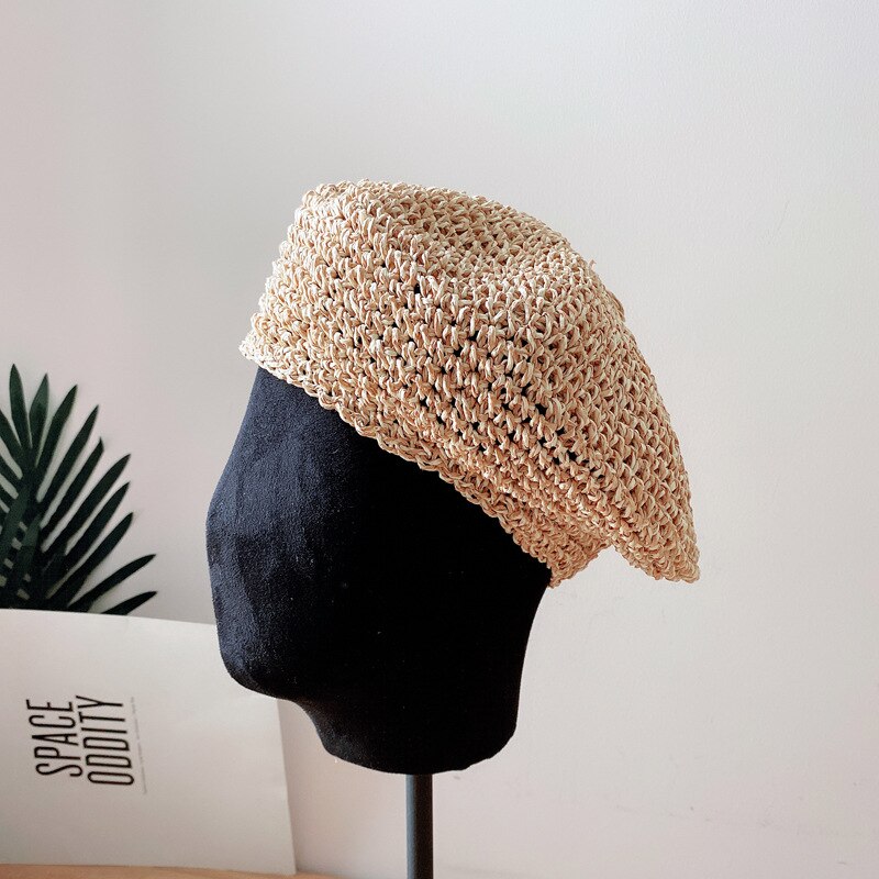 Japanse Zachte Handgemaakte Gras Gehaakte Baret Hoed Vrouwelijke Gemengde Kleur Wilde Schilder Hoed Eenvoudige Mode Achthoekige Hoed