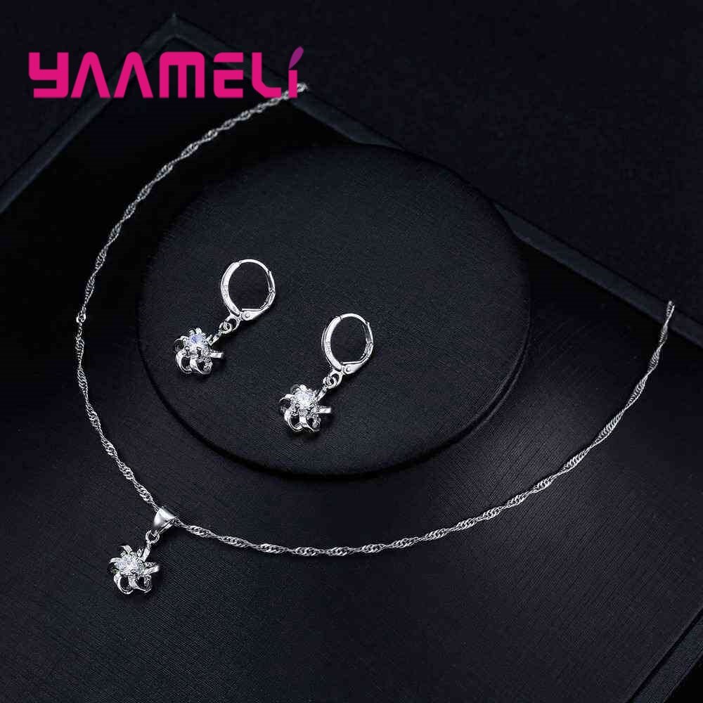 Mode Vrouwen 925 Sterling Zilveren Sieraden Hangers Zirconia Kettingen Oorbellen Bruiloft Engagement Set Accessoires