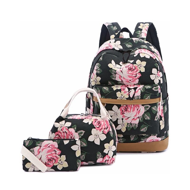 Canvas School backpack Set Lightweight Teen Girls Women Kids School Bags College Bookbag Fits 14 Inch Laptop Bag: Black Set